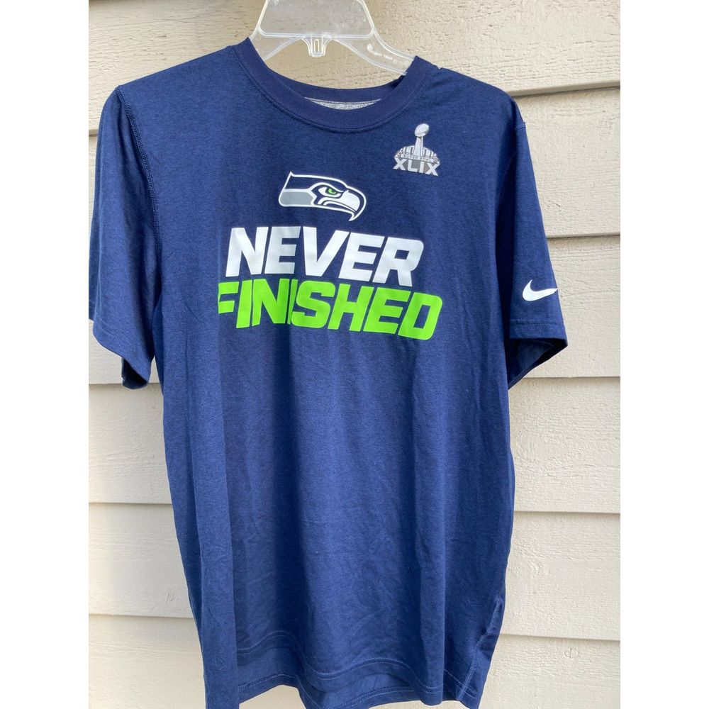 Seattle SeaHawks Nike Dri Fit NFL Super Bowl XLIX Never Finished Blue Sz S